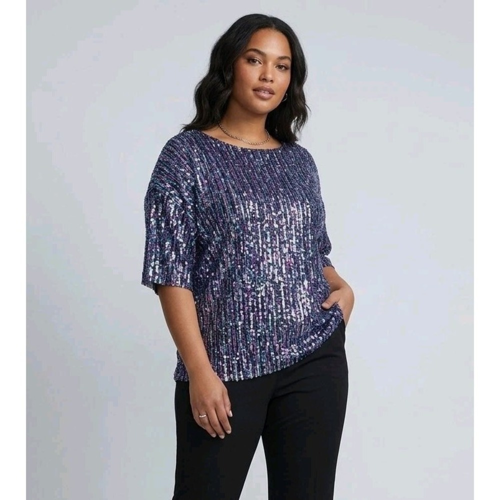 Haptics Sequin Blouse Plus Size 1X Silver Blue Purple Short Sleeve Glitter Metal